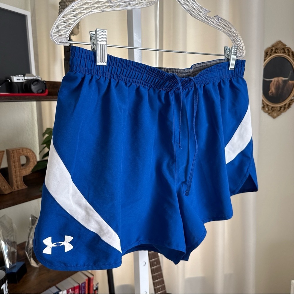 Under Armour Women’s Active Lined Drawstring Shorts Blue/white Heatgear Size L - Picture 3 of 8